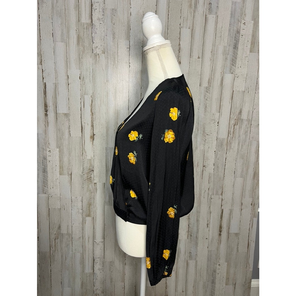 Madewell Women's Small Black Floral Wrap V-Neck Balloon Sleeve Blouse