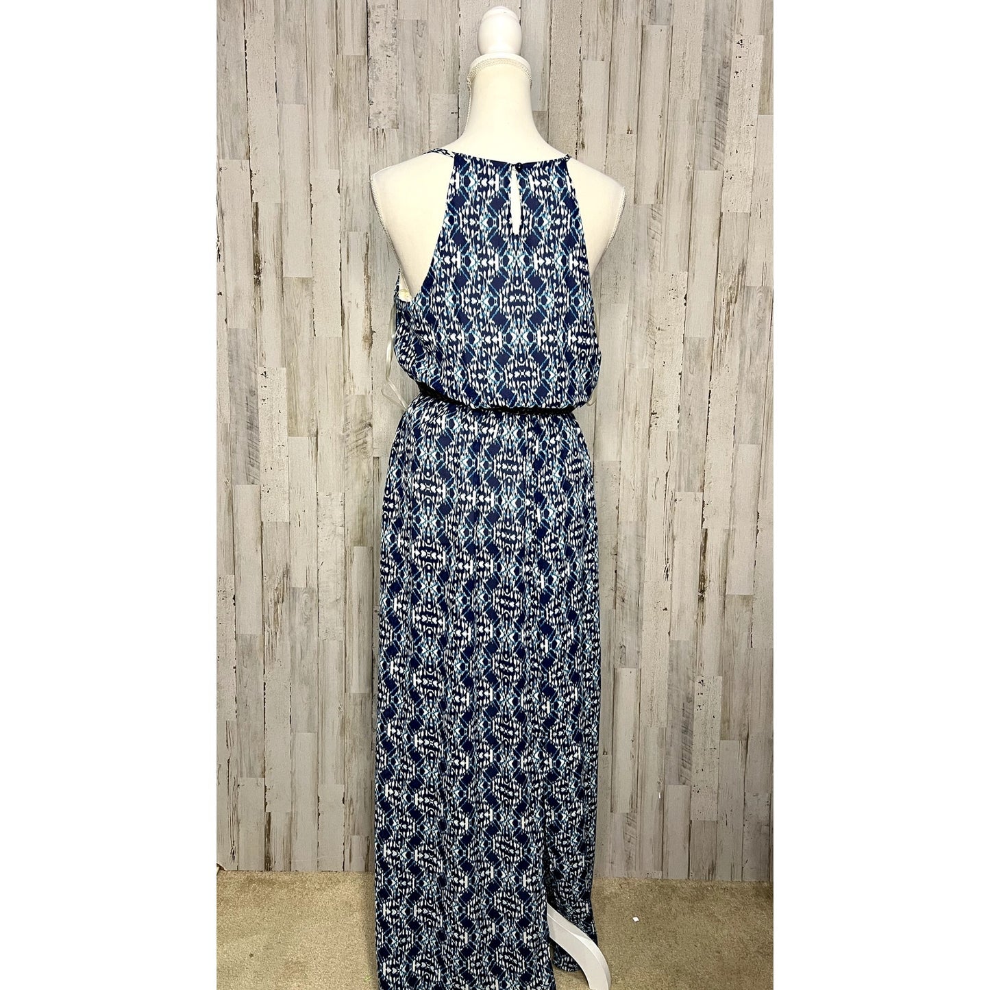 Lily Rose Women's Medium Blue Polynesian Belted Maxi Dress Sleeveless