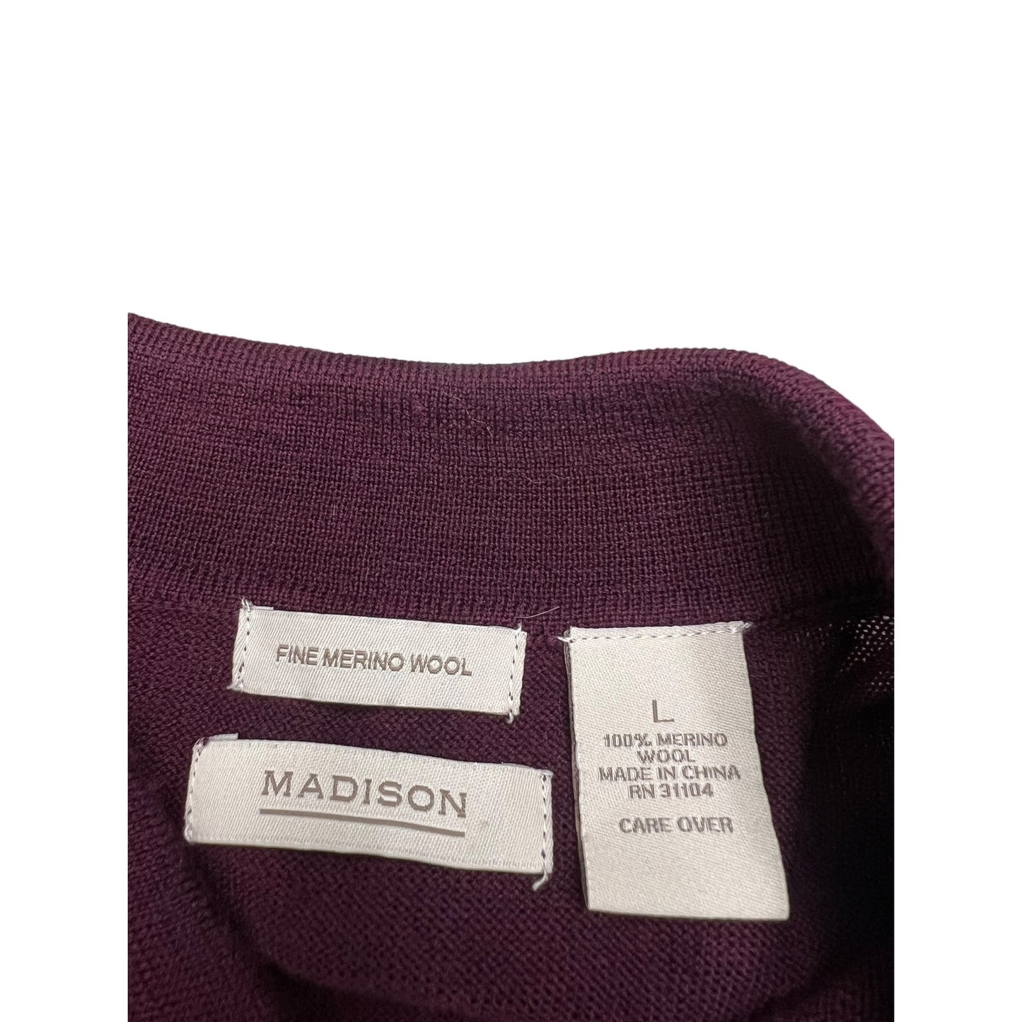 Madison Men's Large Fine Merino Wool Burgundy Long Sleeve Pullover Polo Sweater