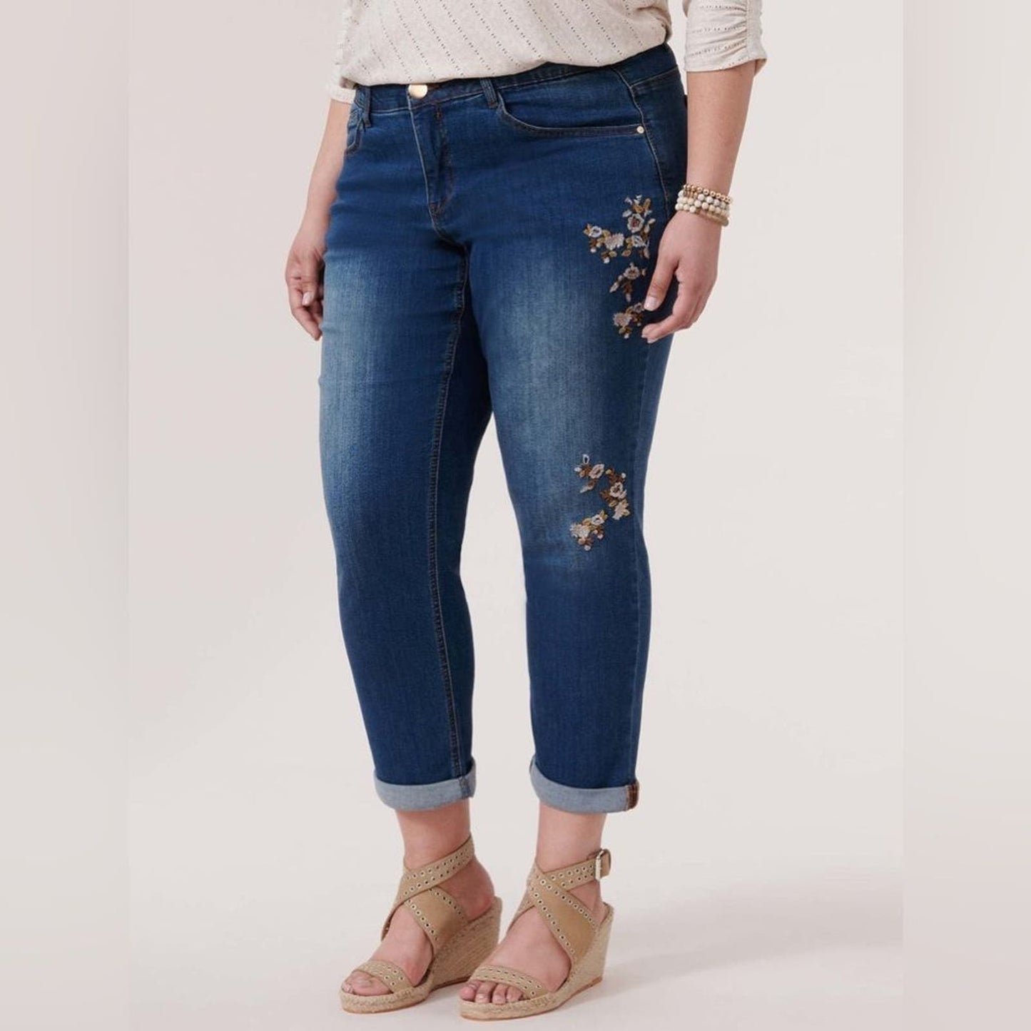 "Ab"solution® Roll Cuff Embroidered Plus Girlfriend Jean "Flex"-Ellent