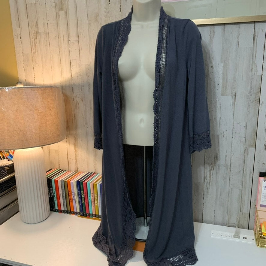 Tickled Teal Cardigan Womens Size S Gray Lace Trim Duster
