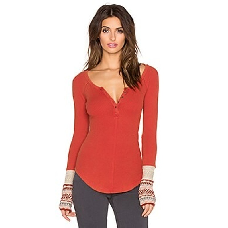 Free People Women’s Medium Orange Henley Waffle Knit Thermal Long Sleeve Shirt