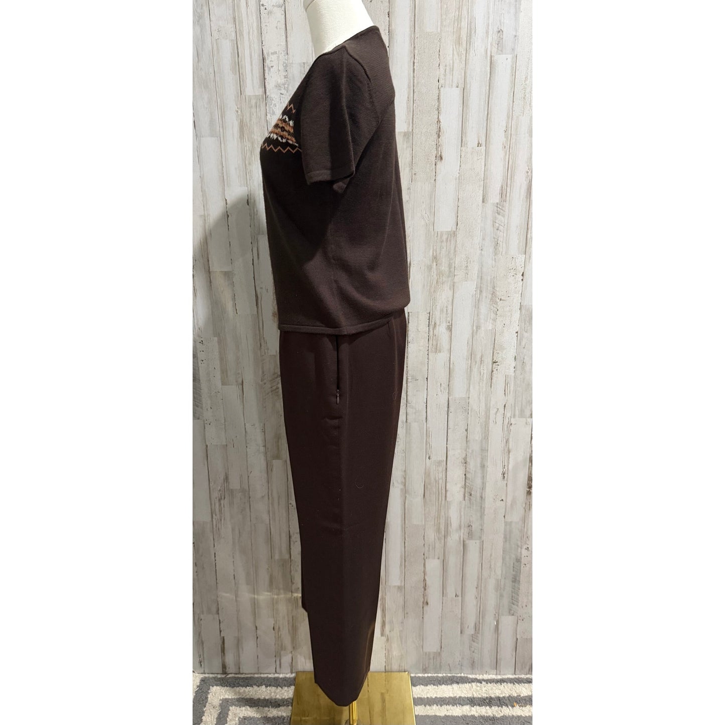 Kasper Suit Set Womens Petite 6P Brown Knit Sweater Top & Dress Pants 2pc