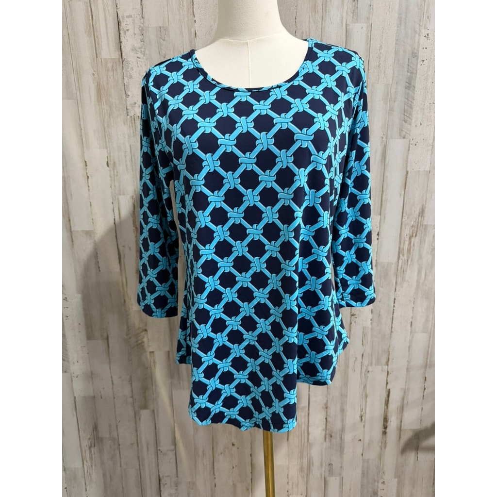Lulu-B Dress Womens Size Small Navy Turquoise Chain Print Shift 3/4 Sleeve