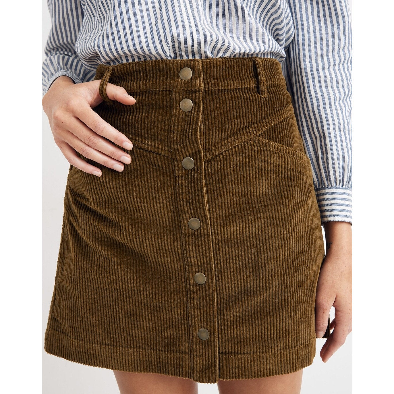 NWT Madewell Women's Green Corduroy A-Line Snap Mini Skirt Size 10 Casual Fall