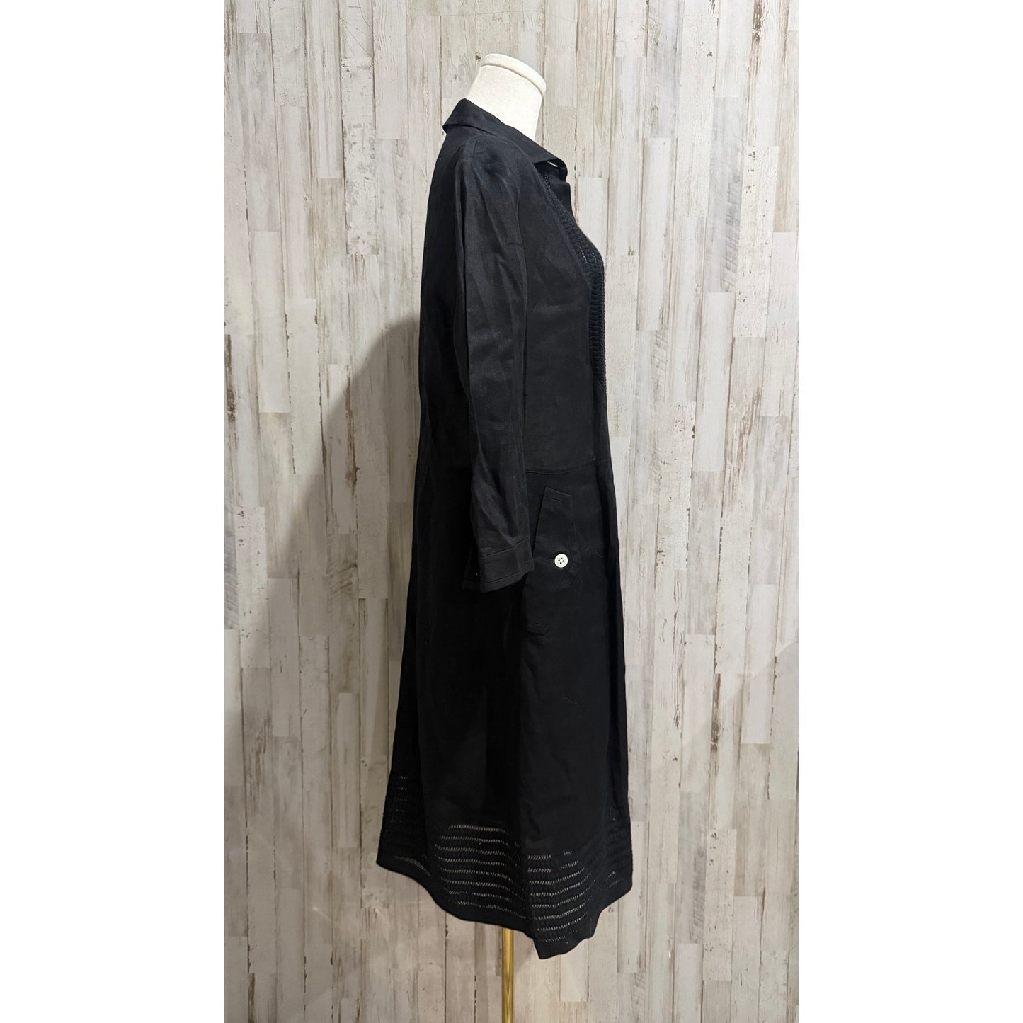 Rena Lange 100% Linen Black Button Front Midi Shirt Dress Size 12