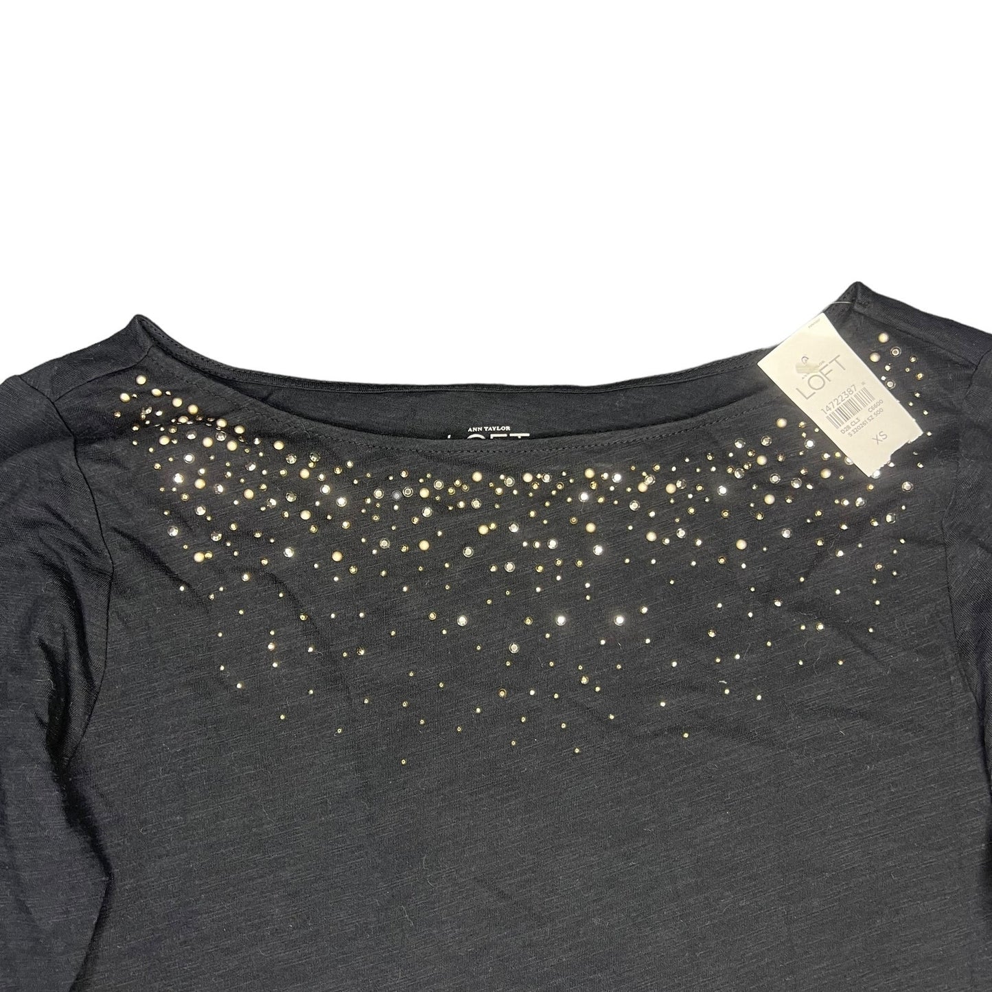 NWT Ann Taylor LOFT Women's XS Black Rhinestone Embellished Long Sleeve Blouse