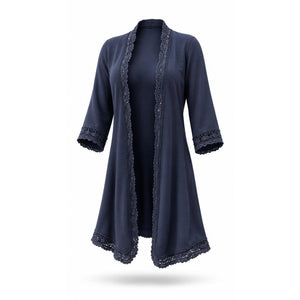 Tickled Teal Cardigan Womens Size S Gray Lace Trim Duster