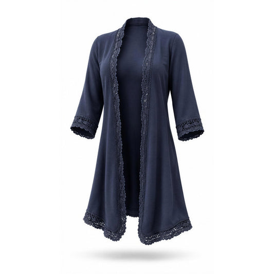 Tickled Teal Cardigan Womens Size S Gray Lace Trim Duster