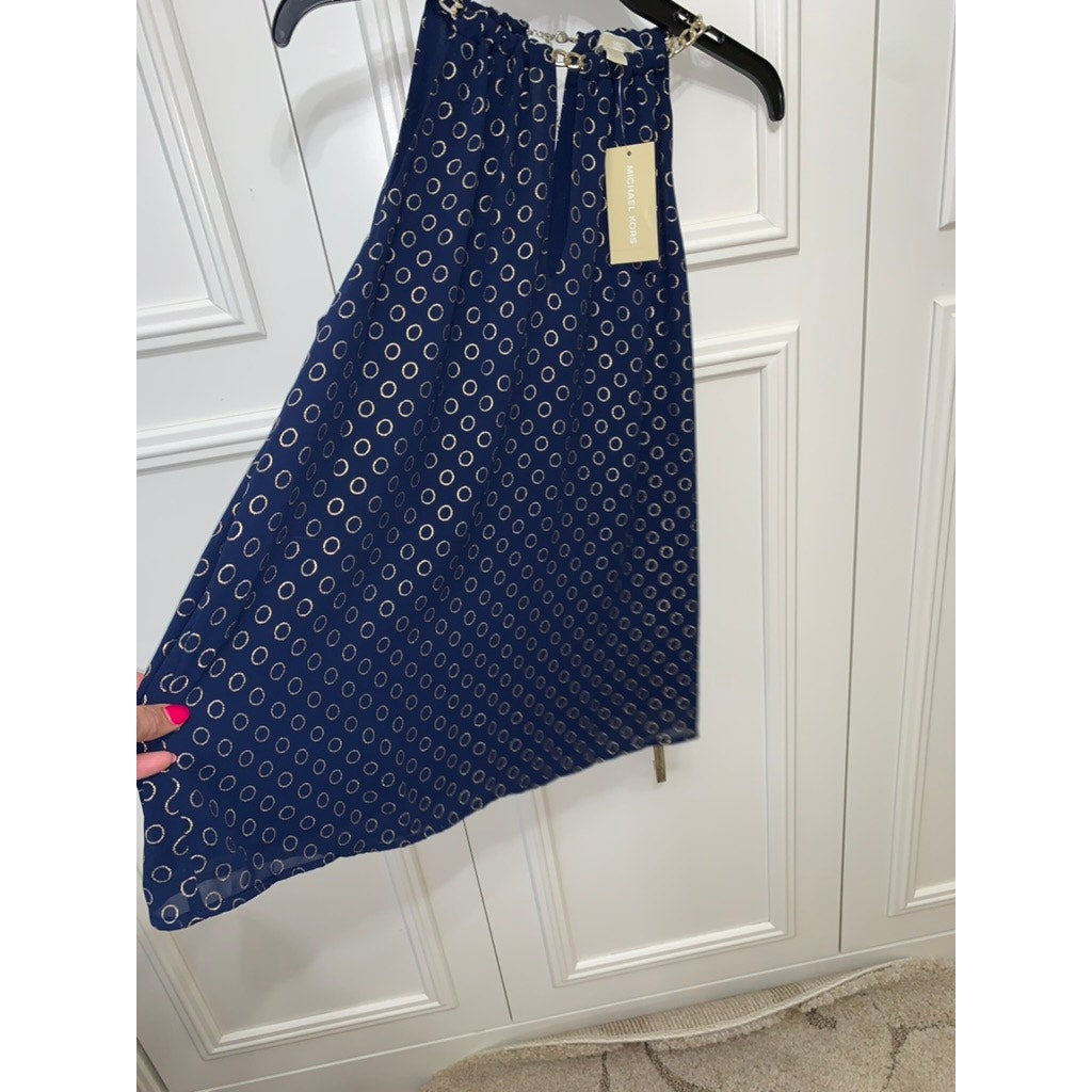 NWT Michael Kors Women's Chain Halter Blouse Large Blue Gold Party