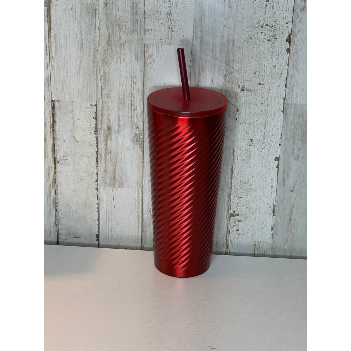 Starbucks Holiday Cold Cup Tumbler Red Metallic Swirl 24oz Lid Straw