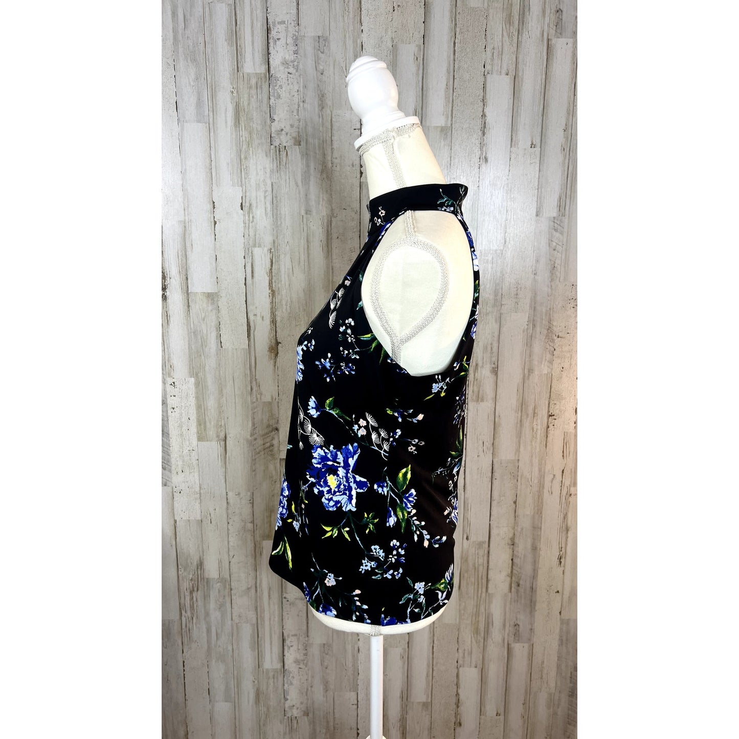 NWT WHBM Women's Small Sleeveless Floral Halter Blouse Black Mock-Neck Top