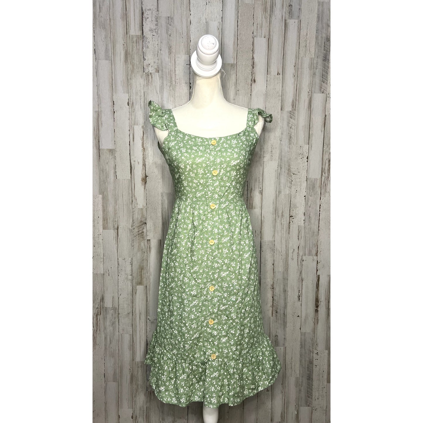 Monteau Women's Small Green Floral Button-Up Midi Dress Casual Spring