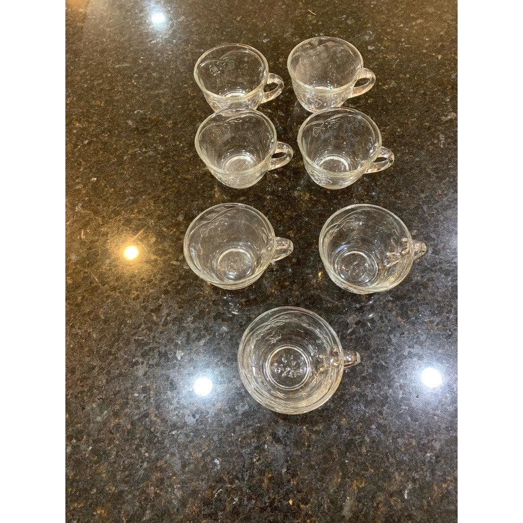 Hazel Atlas Vintage Floral Clear Glass Teacups Set of 7 Mid-Century Style