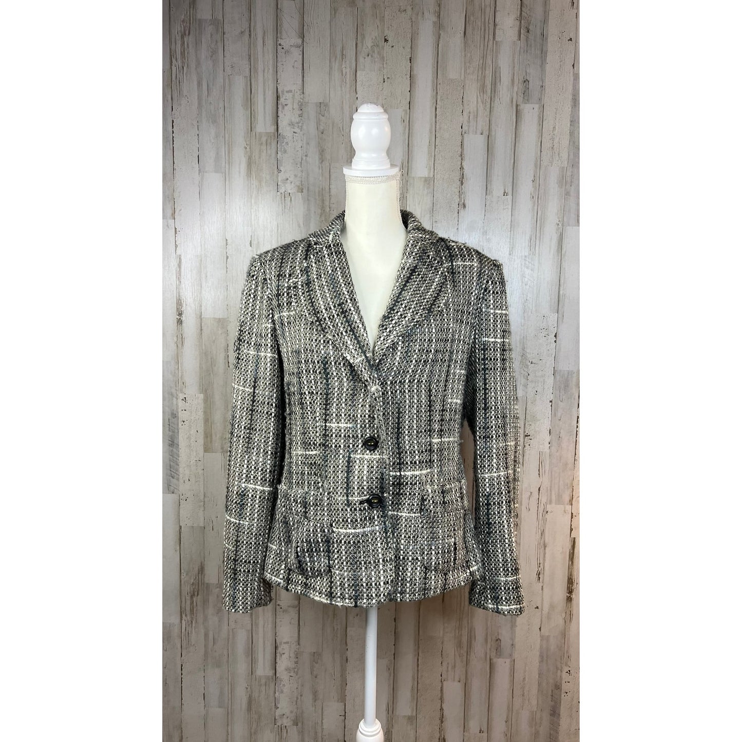 RQT Women's Size 16 Wool Blazer Black & White Plaid Long Sleeve Button Closure