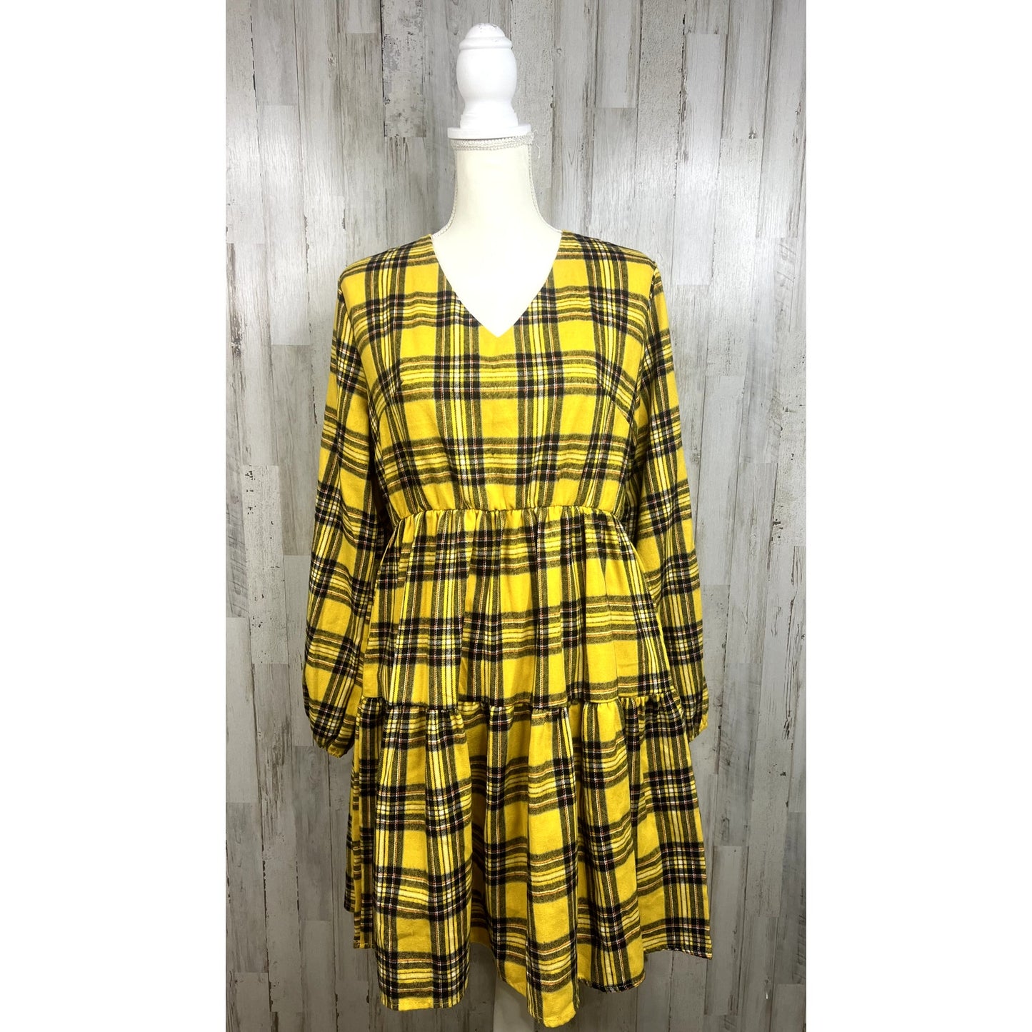 Fancyinn Women's Large Yellow Buffalo Plaid Shift Tunic Dress Long Sleeve V-Neck