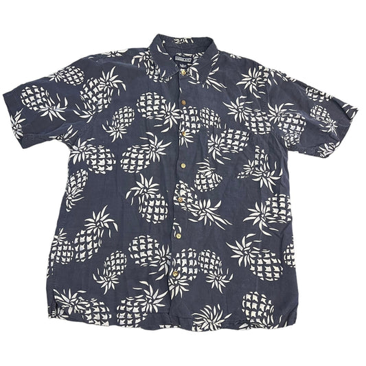 Lands' End Men’s Large Navy Blue Pineapple Print Short Sleeve Button Down Shirt