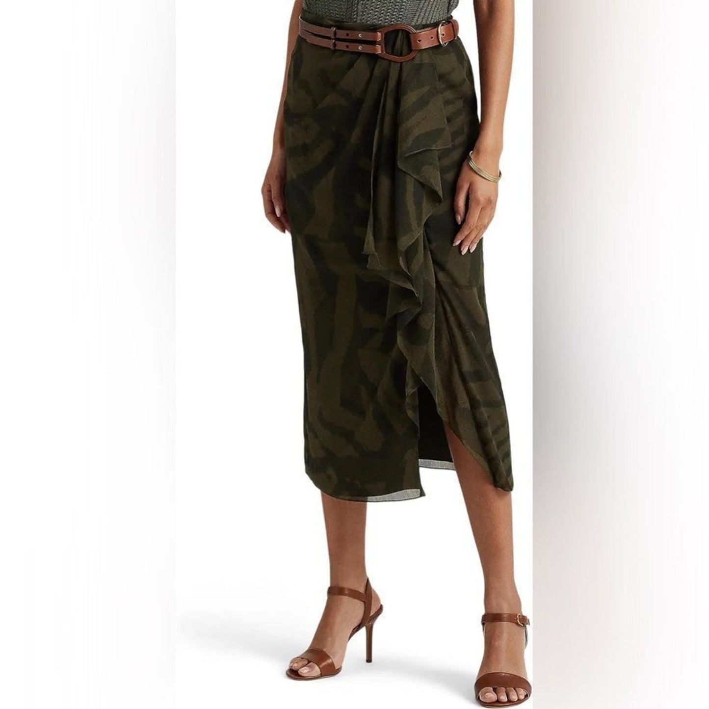 NWT Lauren Ralph Lauren Skirt Womens Size 2 Green Zebra Print Wrap Midi Ruffle