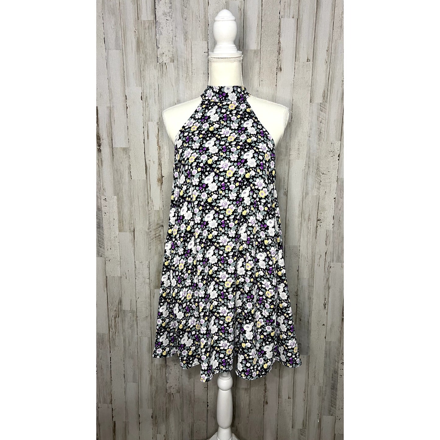 Lulus Women's XS Black Floral Halter Swing Dress Short Casual