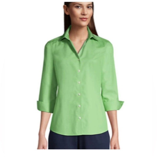 Lands' End Women's Size 12 Green Long Sleeve Button-Up Collared Shirt