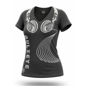 Bulzeye Black Label T-Shirt Womens Size Small Black V-Neck DJ Headphones