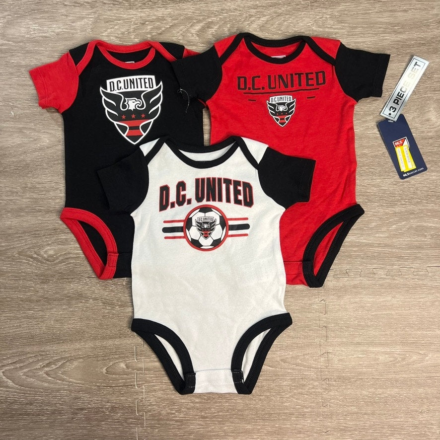 NWT D.C. United Newborn & Infant 3-6 Months 3-Pack Bodysuit Set Black/Red/Gray