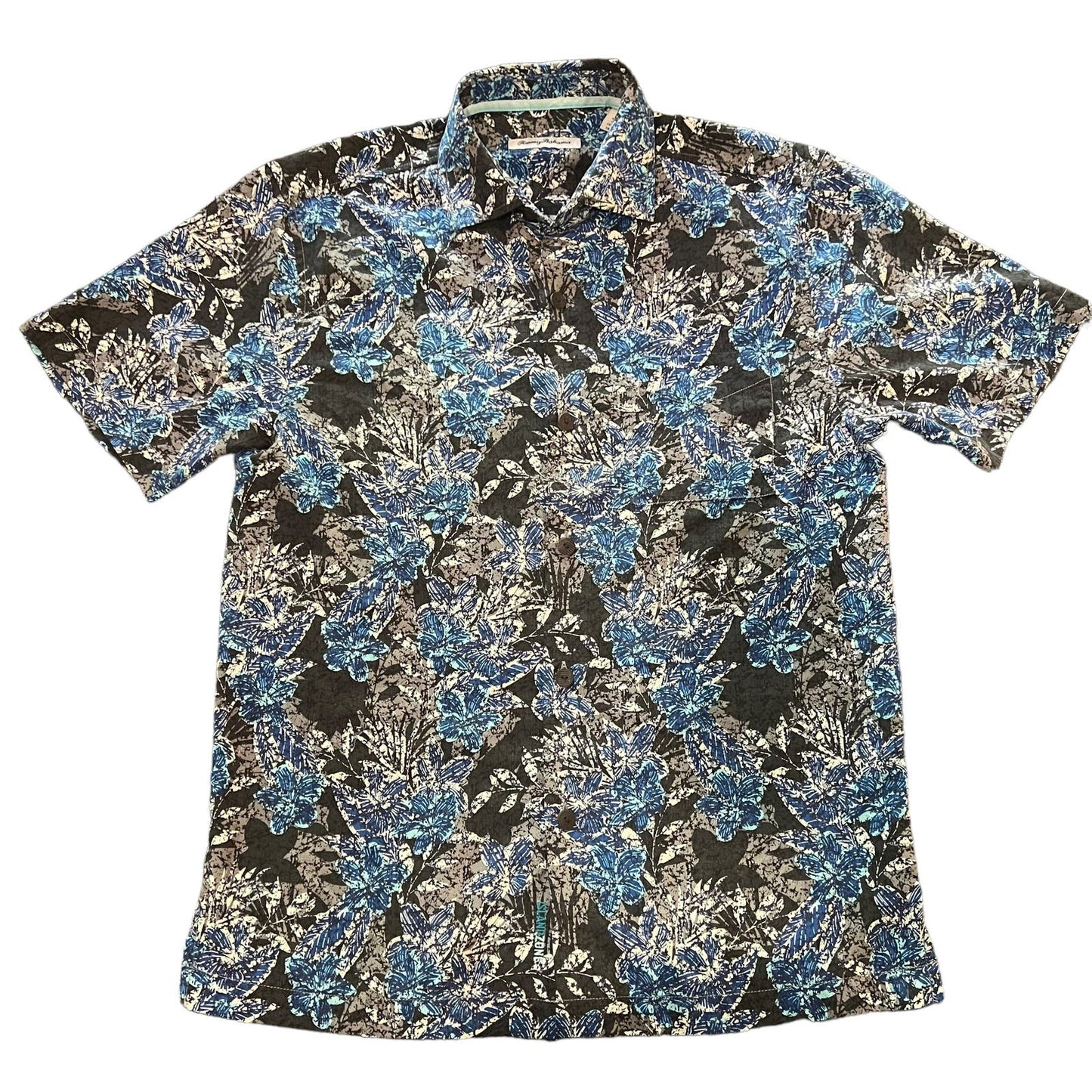 Tommy Bahama Men's After Hours Blooms Short Sleeve Black/Blue Camp Shirt - Men’s Small