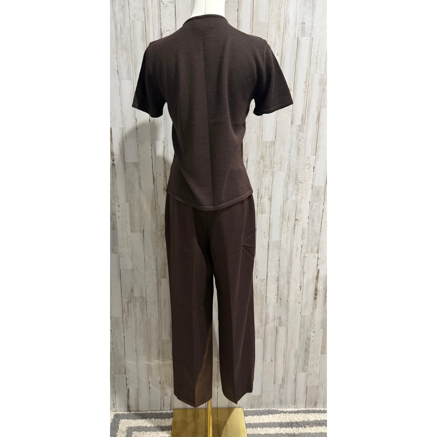 Kasper Suit Set Womens Petite 6P Brown Knit Sweater Top & Dress Pants 2pc