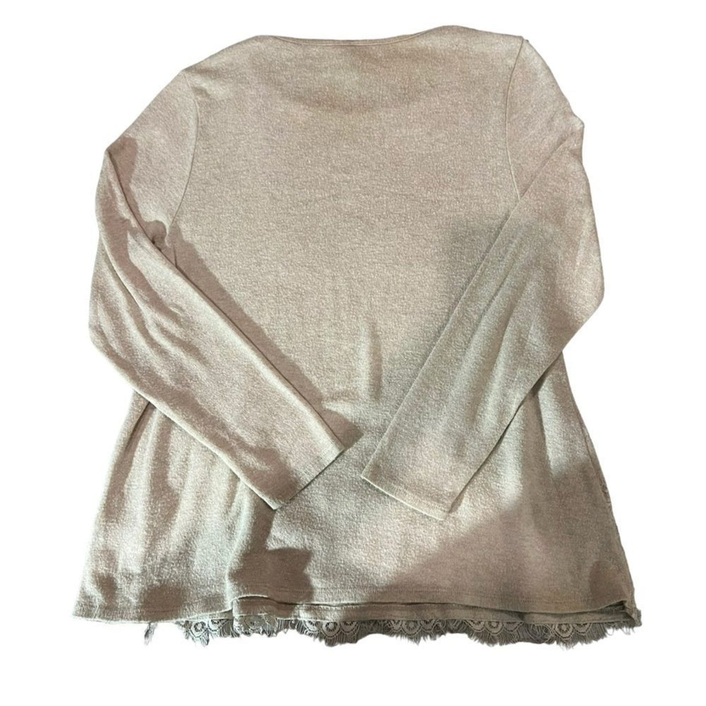 ALYA Blouse Womens Size Small Beige Long Sleeve Scoop Neck Lace Hem Crochet