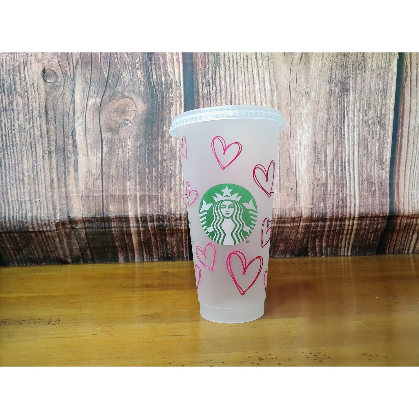Starbucks Reusable Cold Cup Pink Hearts w/ Lid 24 oz NO STRAW