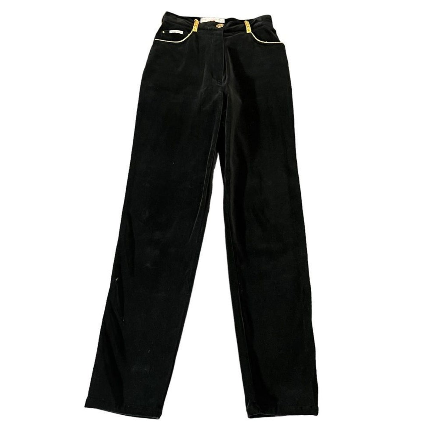 Christian Llinares Pants Womens 28 Black Velvet Slim Straight Gold Trim