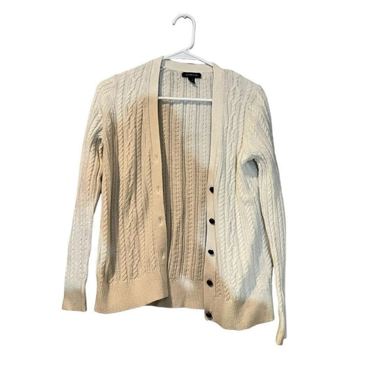 Lands End Cable Knit White 5 Button Cardigan Size Small