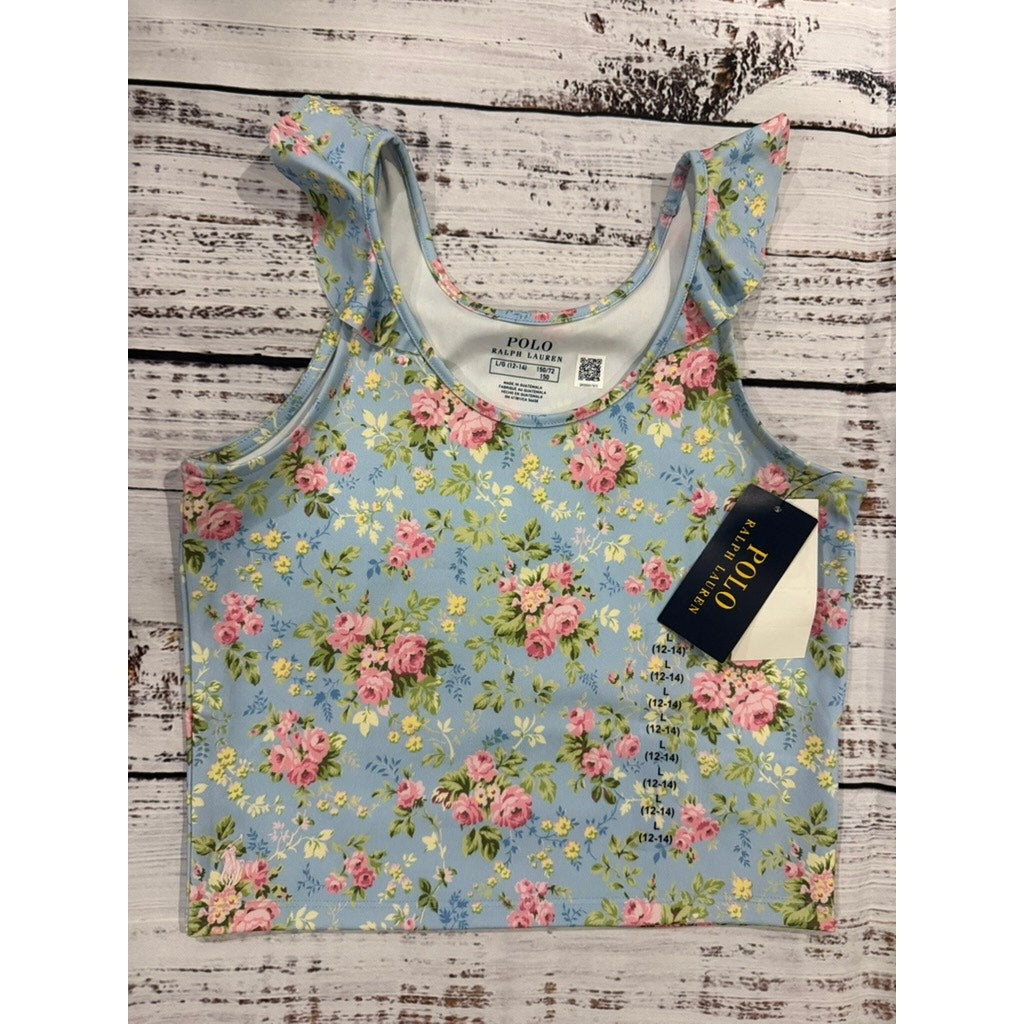 NWT Polo Ralph Lauren Girls' Floral Ruffle Tank Top Blue Size Large 12-14 Casual