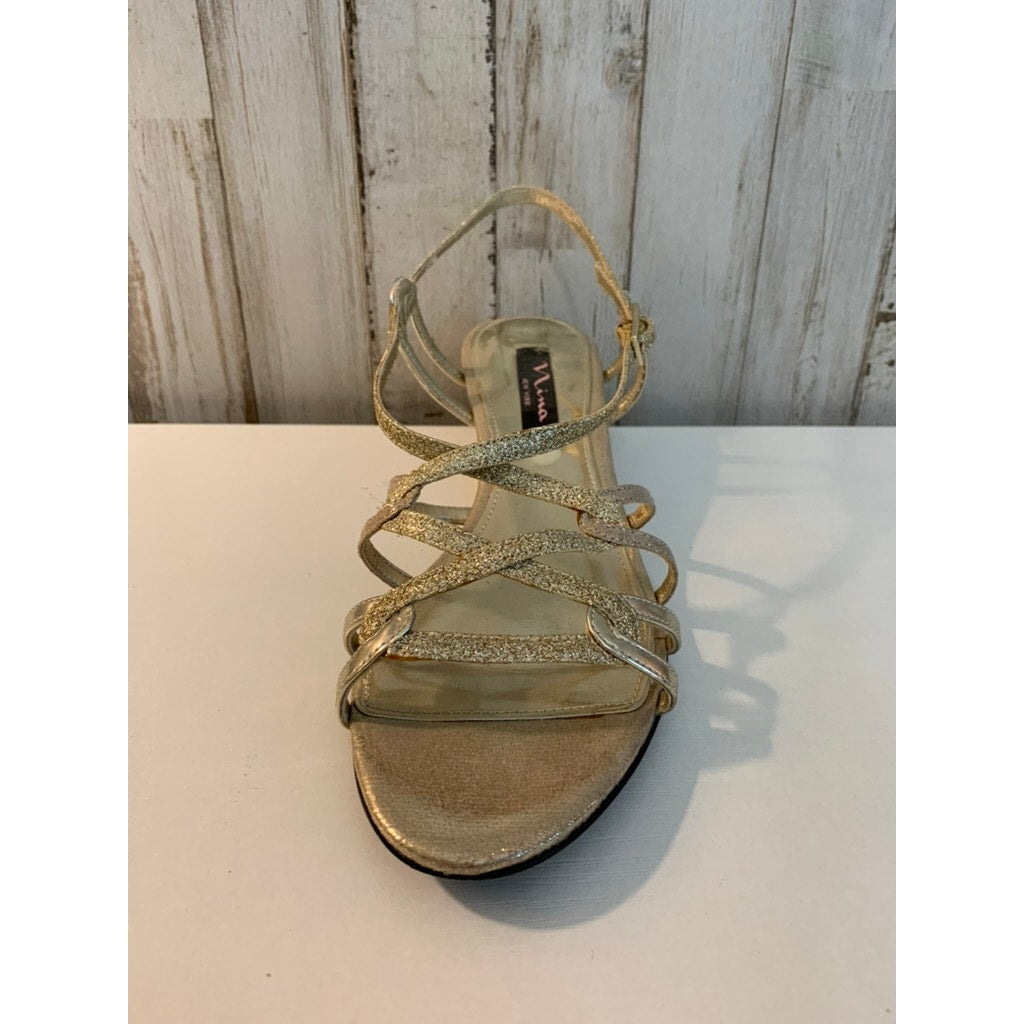 Nina Bibiana Wedge Sandals Womens 7.5 Wide Gold Glitter