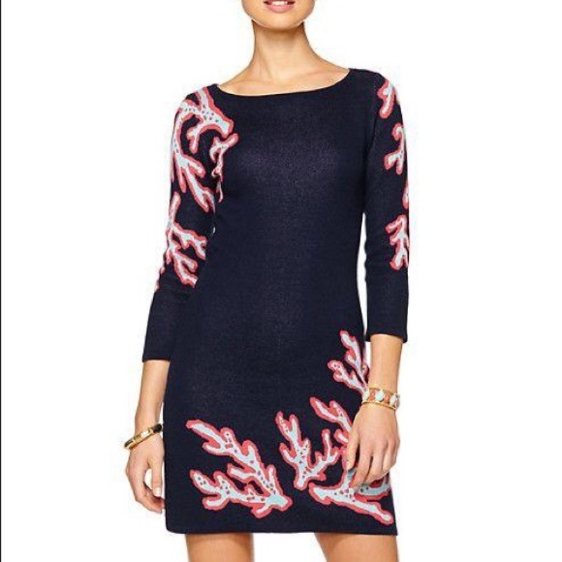 Lilly Pulitzer Women's XS Blue Sweater Dress 3/4 Sleeve Coral Pattern