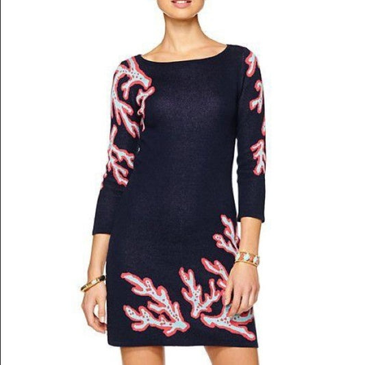 Lilly Pulitzer Women's XS Blue Sweater Dress 3/4 Sleeve Coral Pattern