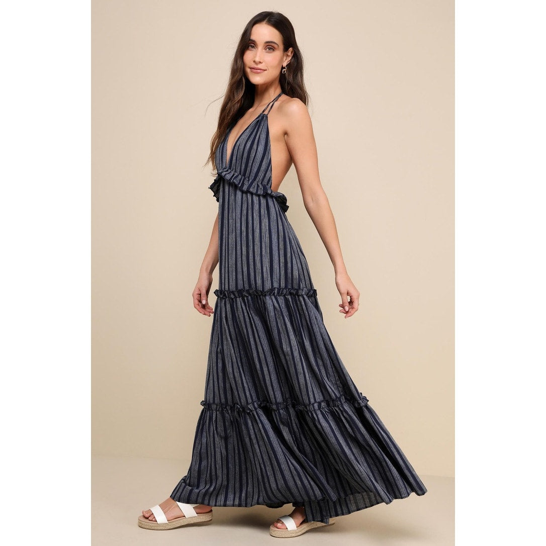 NWT Lulus Women's Medium Halter Maxi Dress Small Blue Striped Summer Casual