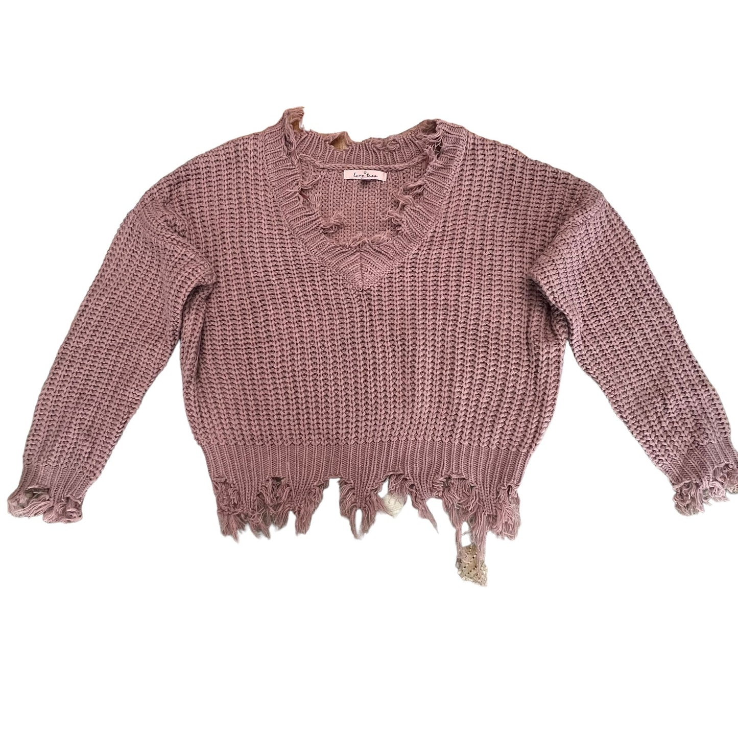 Love Tree Women's Small Pink Distressed V-Neck Fringed Ribbed Knit Sweater