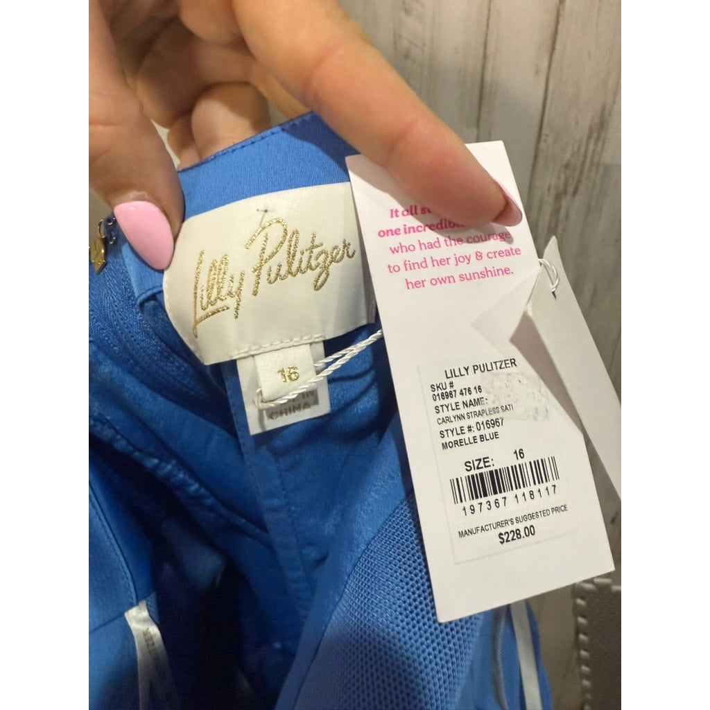 NWT Lilly Pulitzer Women's Carlynn Strapless Bow Satin Dress Blue Size 16