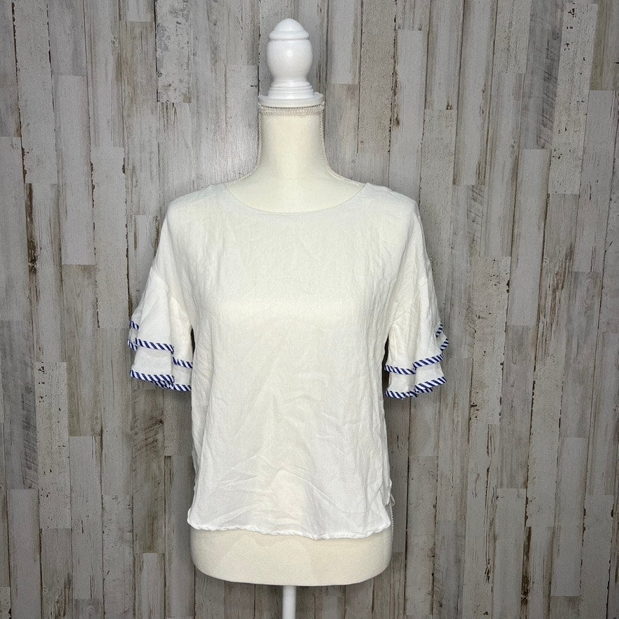 Polagram Women's White Bell Sleeve Blouse Blue Stripe Trim Size Small