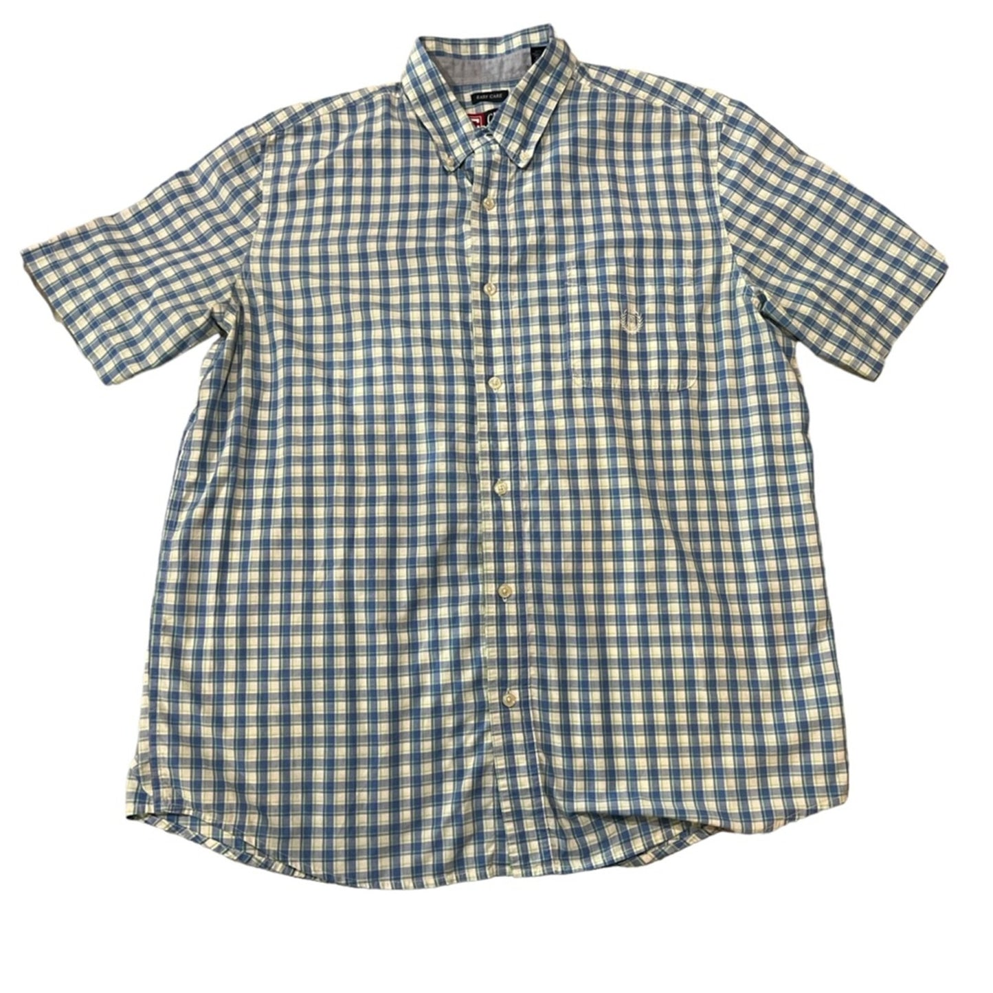 Chaps Men's Button-Up Shirt Size Large Blue Green White Plaid Short Sleeve