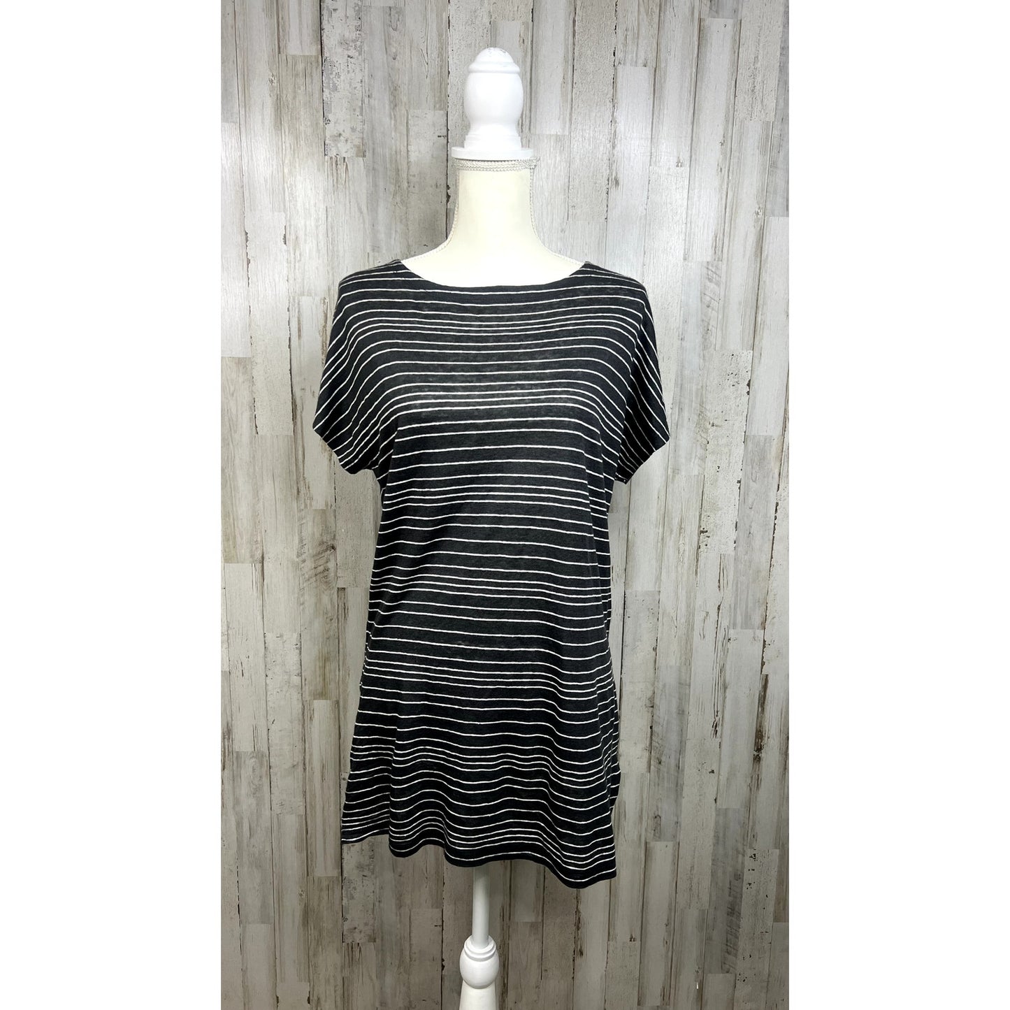 Eileen Fisher Women's XS Black & White Striped Tunic Top Short Sleeve Boat Neck