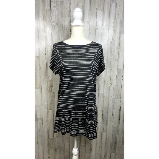 Eileen Fisher Women's XS Black & White Striped Tunic Top Short Sleeve Boat Neck