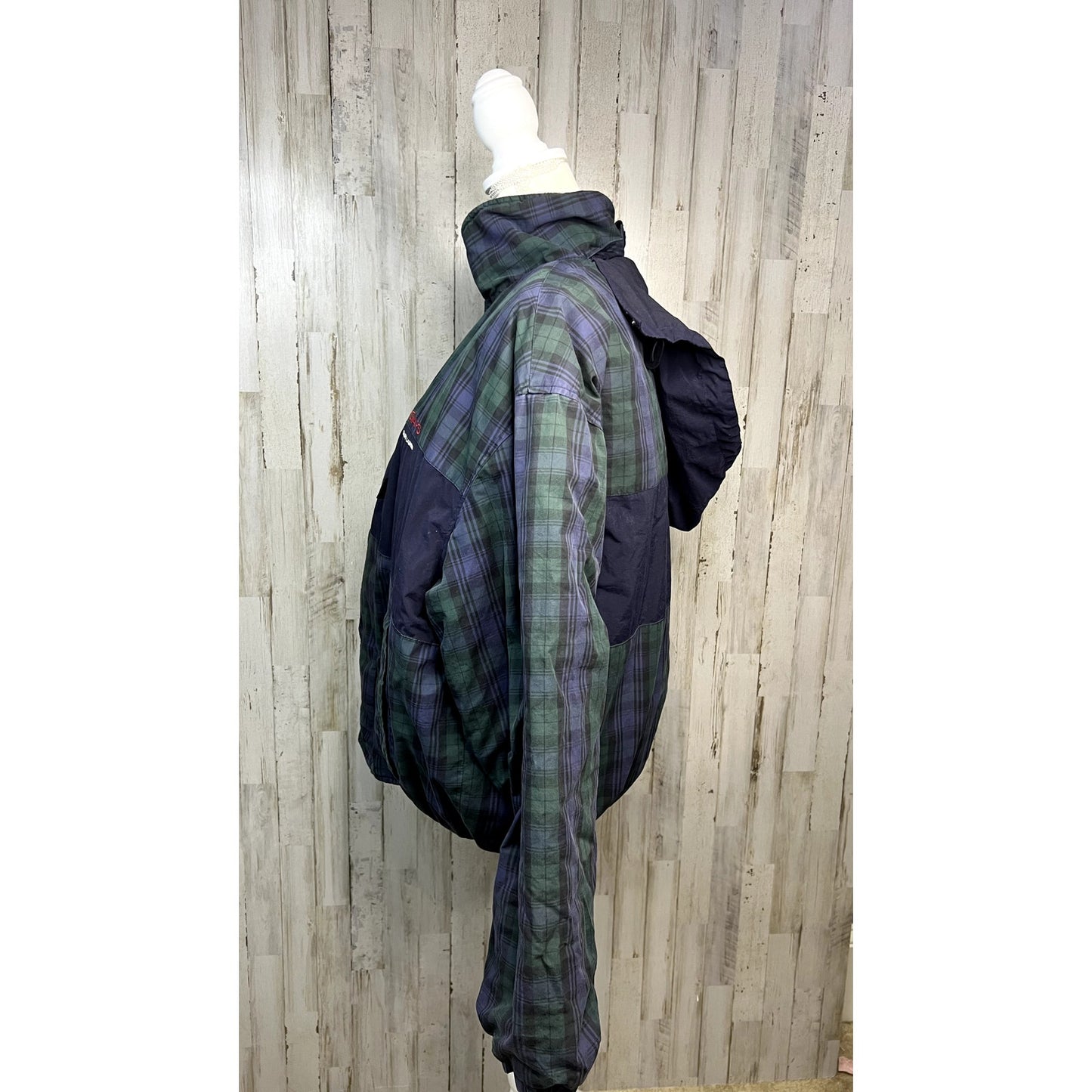 Chaps Ralph Lauren Men's Green Plaid Down Puffer Jacket Large Hooded Winter Coat