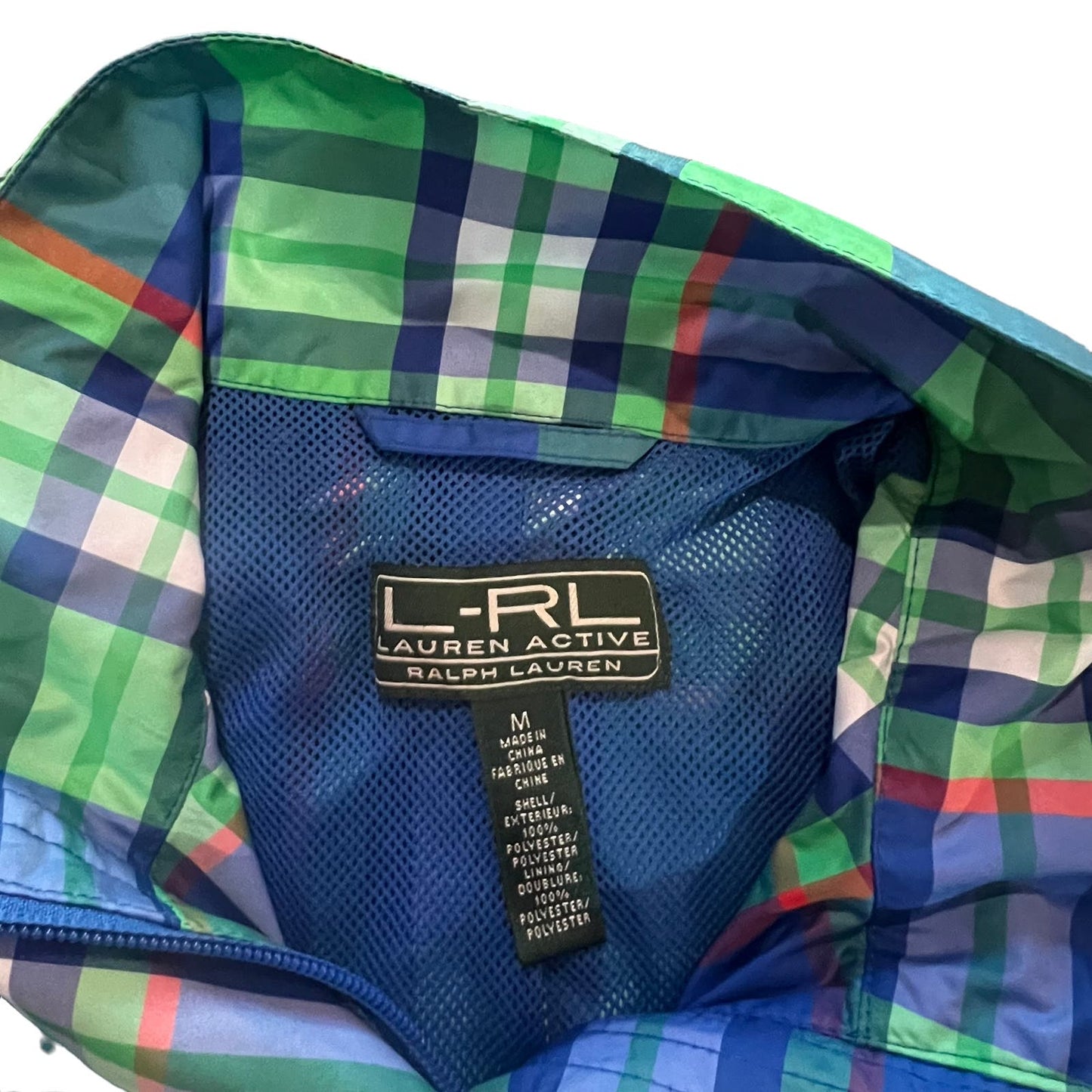 L-RL Ralph Lauren Active Women's Blue/Green Plaid Rain Coat/Windbreaker - Medium