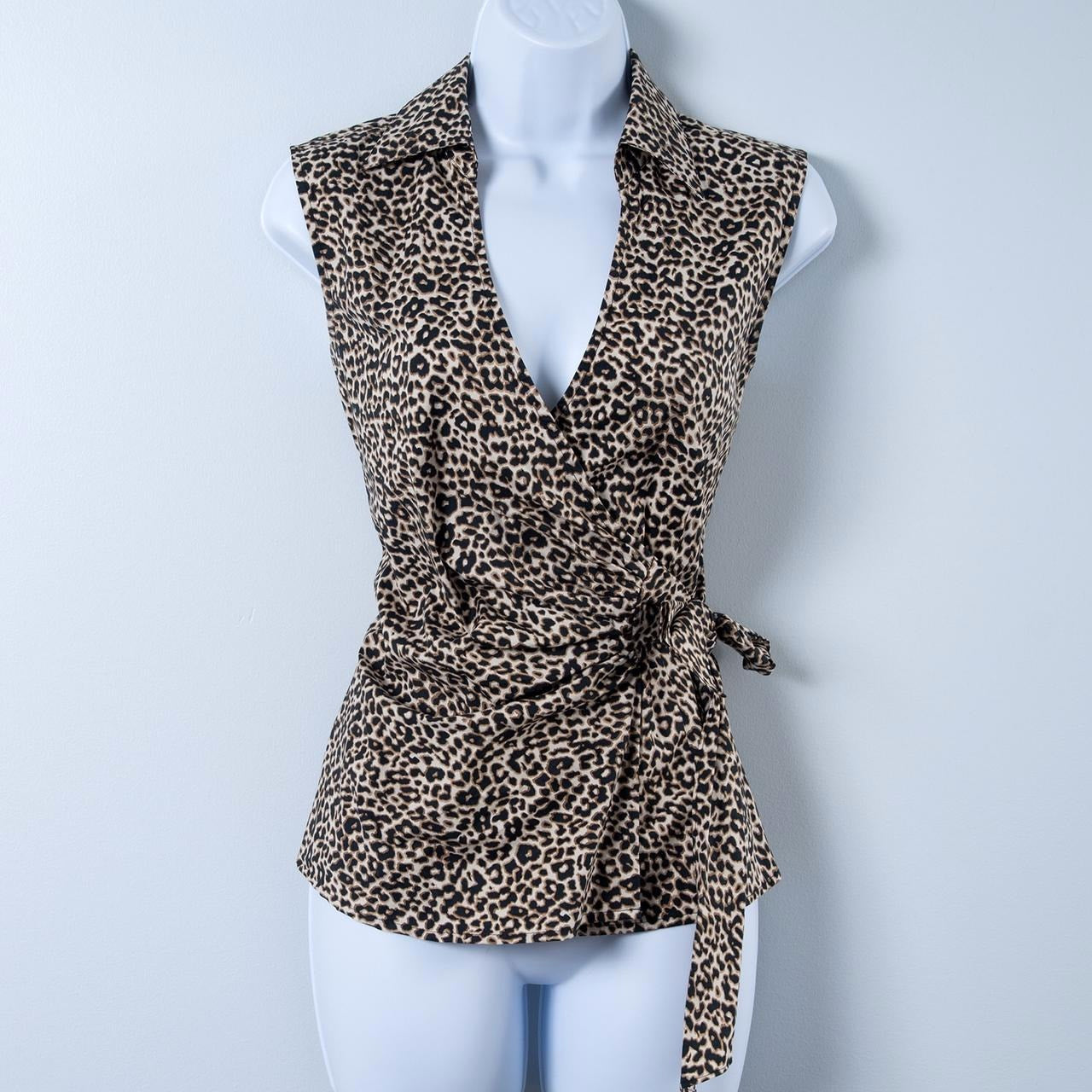 Express Design Studio Women's Medium Sleeveless Leopard Print V-Neck Wrap Blouse