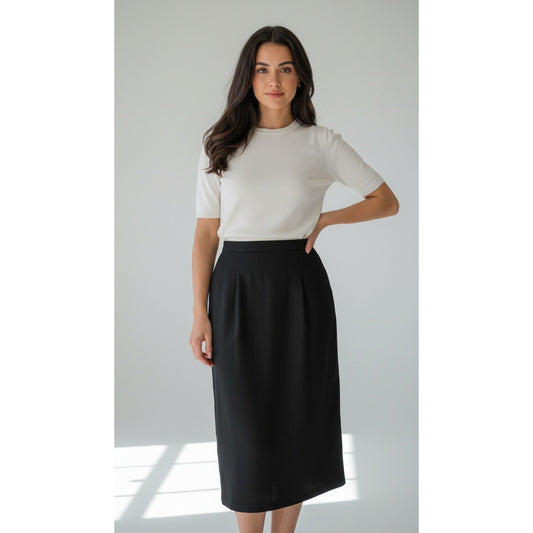 Sag Harbor Petite Skirt Womens 12P Black Wool Midi Pencil Lined Pleated Back