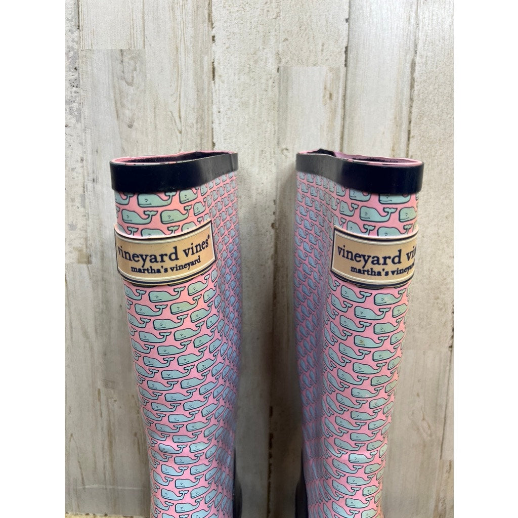 Vineyard Vines Women's Whalies Rain Boots Blue Pink Size 7 Waterproof Durable