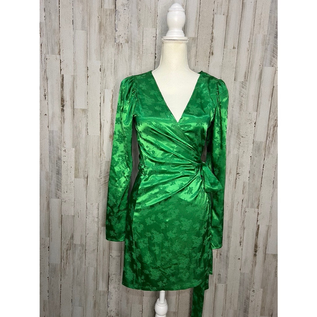 Zara Women's Green Satin Kimono Wrap Midi Dress Size Small Party Cocktail