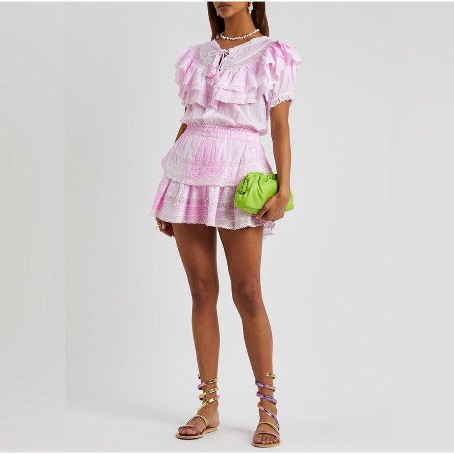 LoveShackFancy Women's XL Pink Eyelet Ruffle Mini Dress